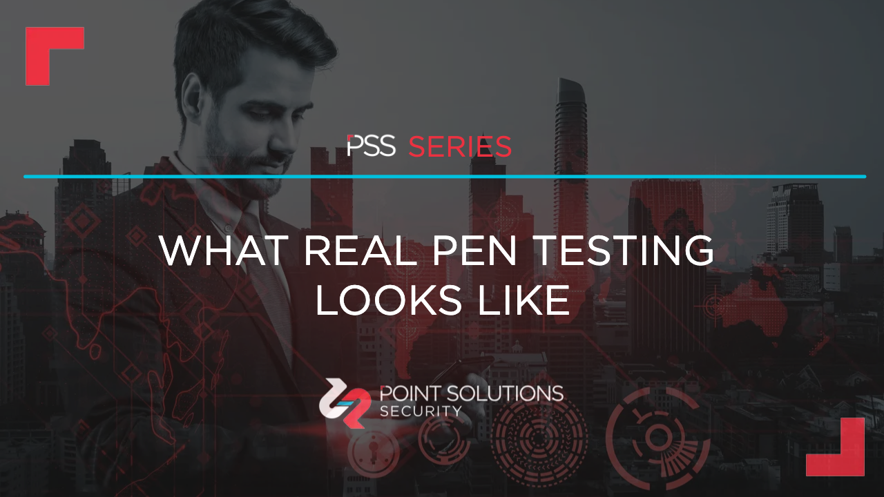 a suited man looking down at a device, overlaid on a dark cityscape with red cyber threat graphics and targeting icons. Text reads: 'What Real Pen Testing Looks Like.'