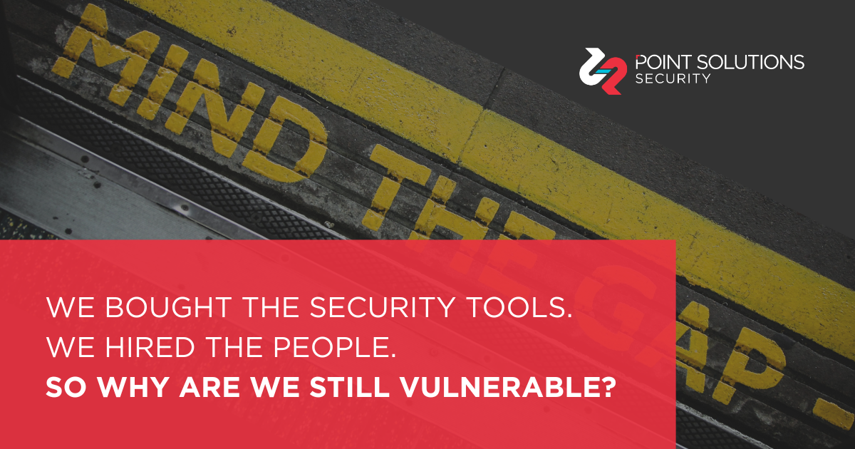 Point Solutions Security reading 'We bought the security tools. We hired the people. So why are we still vulnerable?' over a mind-the-gap subway platform edge
